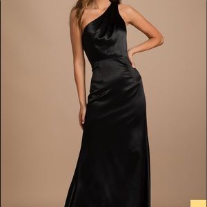 Lulu’s On the Guest List black one shoulder satin dress.